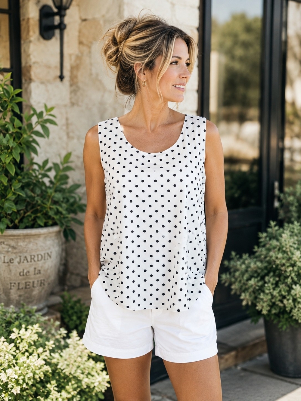 Chico’s Polka Dot Sleeveless Tank Top Size 2 US Large White Black Stretch